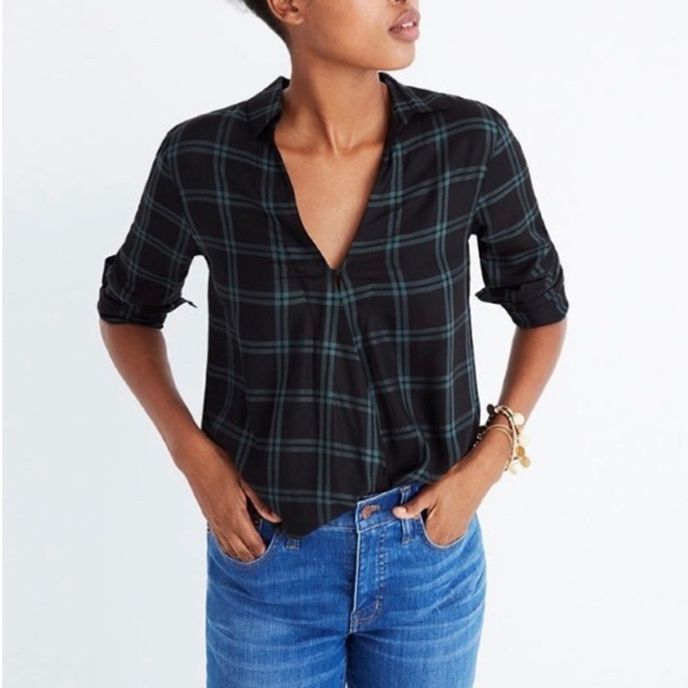 Madewell womens Palma plaid wrap front shirt green black M high low flannel